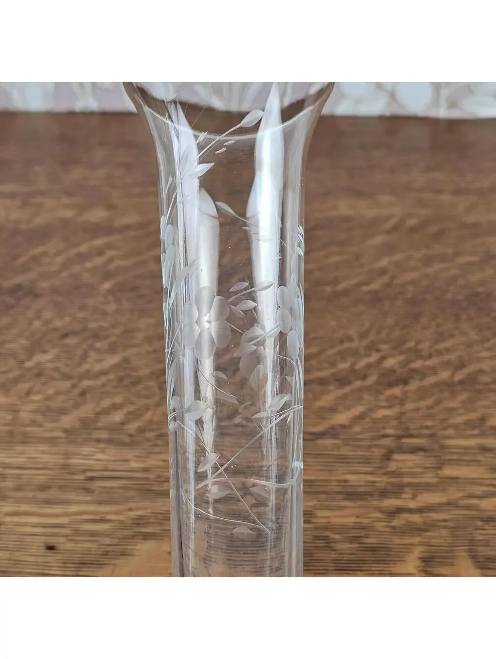 Vintage Sterling Silver Mounted Etched Glass Trumpet Bud Vase 10.75